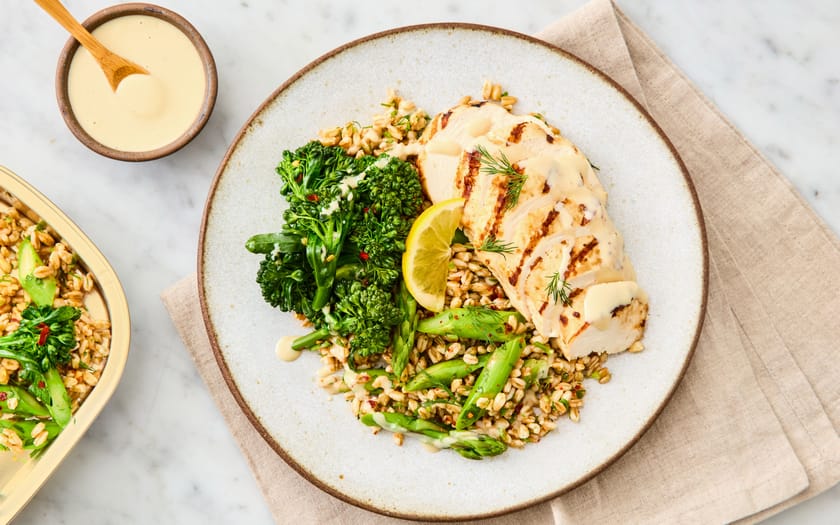 This is how Grilled Chicken, Farro, Sautéed Greens & Lemon Tahini looks, 1. image reference