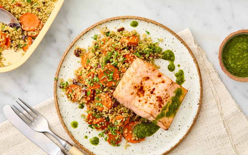 This is how Roasted Salmon with Quinoa Pilaf, Carrots & Salsa Verde looks, 1. image reference