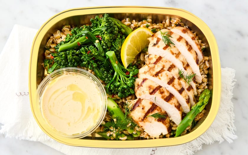 This is how Grilled Chicken, Farro, Sautéed Greens & Lemon Tahini looks, 2. image reference