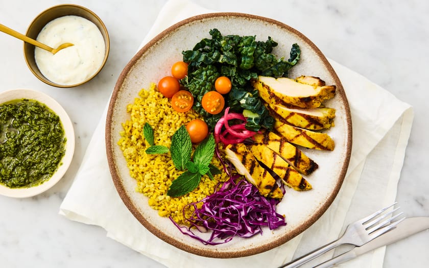 This is how Grilled Turmeric Chicken with Golden Rice & Zhoug Bowl looks, 1. image reference
