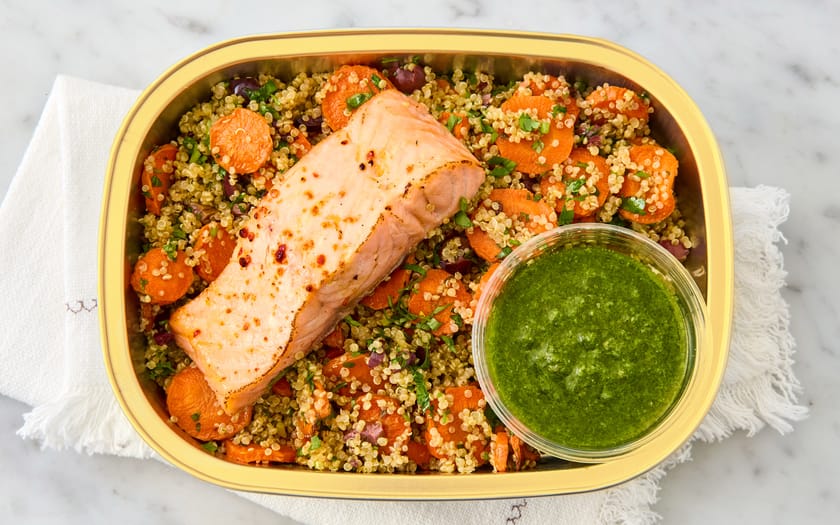 This is how Roasted Salmon with Quinoa Pilaf, Carrots & Salsa Verde looks, 2. image reference